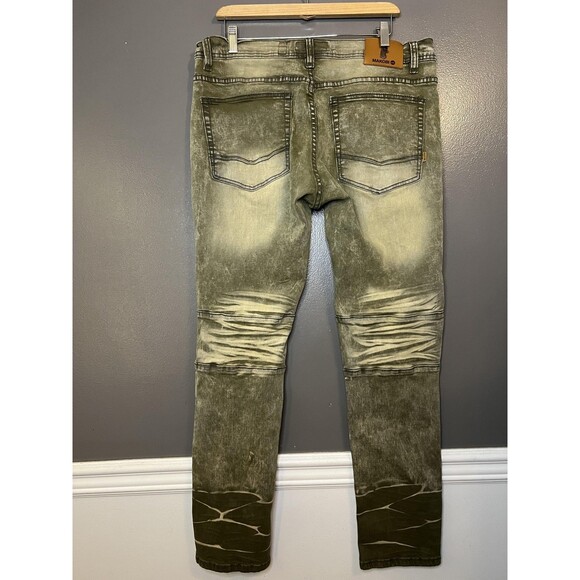 Makobi Jeans Mens 36x32 Olive Green Distressed Moto Zipper Pockets Style M1794 - Picture 4 of 13